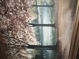 an oil painting of a forest scene with trees and a river