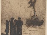 dessin représentant un groupe de personnes debout près d'un bateau sur un plan d'eau