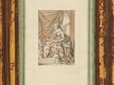 a drawing of a woman with a child and a dog in a frame