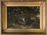 an oil painting of a wooded path with trees and bushes in the foreground