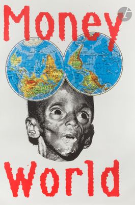 a white poster with a picture of a man with a globe on his head