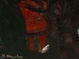 a painting of a man sitting on a chair with a hat on