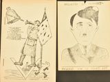 three drawings of a man in a suit and a woman in a hat