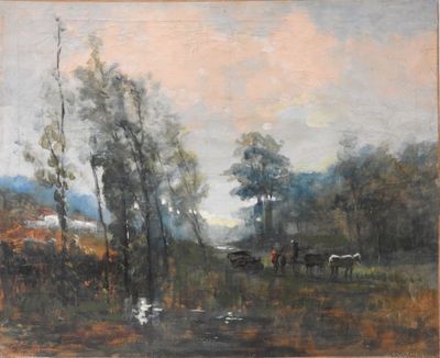 painting of cows in a pasture with trees in the background