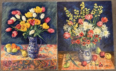 Gisèle RENAUT (XXe), Bouquets de tulipes et fleurs éparses a…
