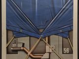 painting of a picture of a blue tarp and pipes in a room