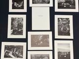 several black and white photographs of people in a field with a horse and buggy