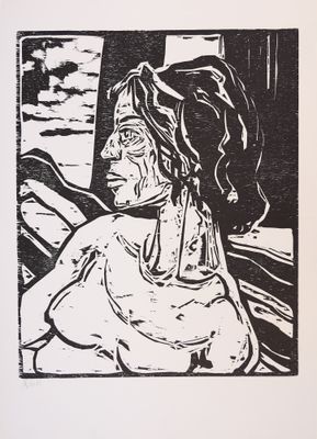 dessin en noir et blanc représentant une femme assise devant une fenêtre