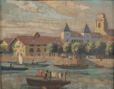 a painting of a town by the water with boats in the water
