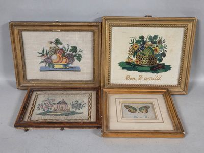 three framed cross stitch pictures of fruit and flowers on a table