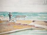 a watercolor painting of a man standing on the beach