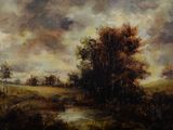 painting of a landscape with a river and trees on a cloudy day