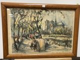 painting of a painting of a park scene with people riding horses