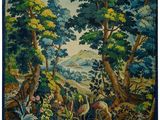 un tableau représentant une scène de forêt avec un ruisseau et des arbres