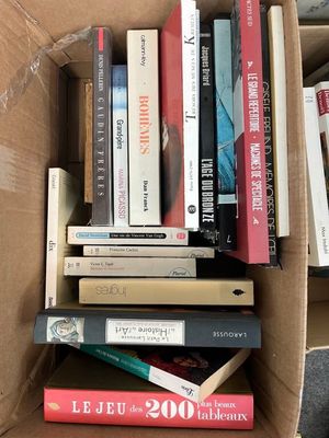 une boîte pleine de livres posée sur le sol