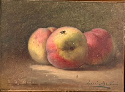 un tableau représentant trois pommes posées sur une table