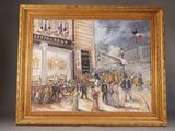 a painting of a crowd of people walking down the street