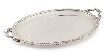 an oval silver tray with rope handles and handles