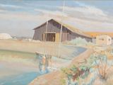 un tableau représentant une grange au bord d'un lac