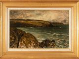 une peinture à l'huile représentant une vue sur l'océan et un littoral rocheux