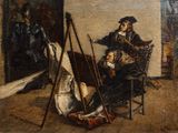 une image représentant un homme assis devant un chevalet de peintre