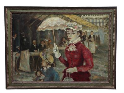 un tableau représentant une femme en robe rouge, tenant une ombrelle