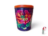 a colorful container with a flower painted on it