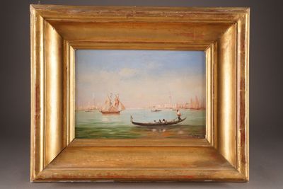 a painting of a boat in a body of water with other boats in the background