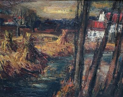 a painting of a river running through a rural area