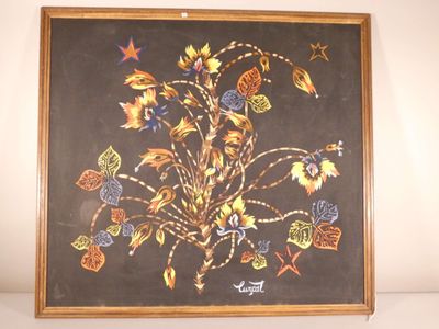 framed picture of a painting of flowers and leaves on a black background