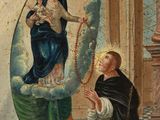 an image of a painting of a woman kneeling down with a rosary in her hand