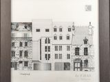 drawing of a building with a clock on the top of it