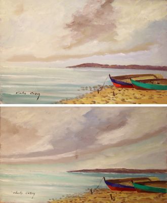 painting of two boats on a beach near the ocean