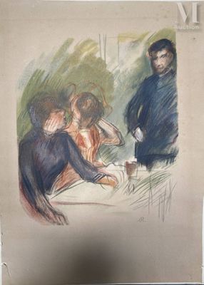 dessin représentant un groupe de personnes assises à une table, avec un homme à l'arrière-plan