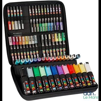 un étui noir rempli de nombreux feutres de différentes couleurs