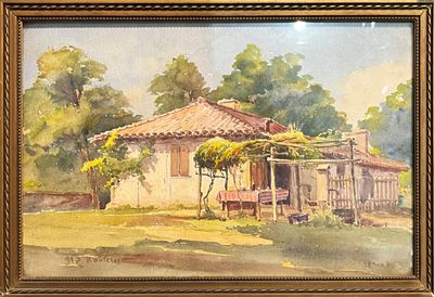 tableau représentant une maison dans un décor champêtre, avec des arbres et une clôture