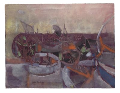a painting of a group of boats on the water