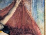 a painting of a woman laying on a bed with a red blanket