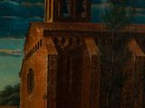 painting of a church with a bell tower and a man in a red cloak