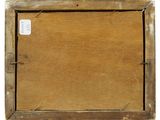 an old wooden picture frame with a tag on it