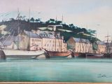 a painting of a harbor scene with boats in the water