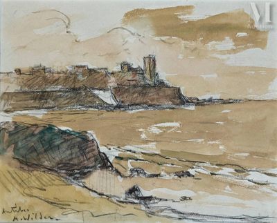 painting of a view of a castle on a cliff overlooking the ocean