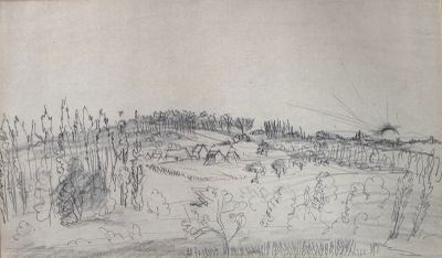 drawing of a landscape with trees and a house in the distance