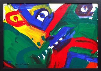 tableau représentant une œuvre abstraite aux couleurs vives, encadrée de noir, accrochée à un mur blanc