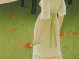 painting of a woman in a white dress and hat standing in a field of flowers