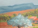 a painting of a tree in a field with a house in the background