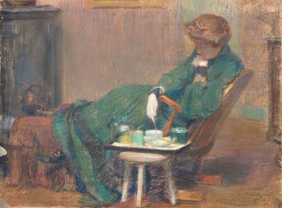 un tableau représentant une femme en robe verte, assise sur une chaise
