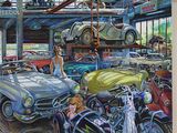 a painting of a woman in a garage with many cars
