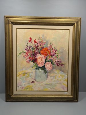 une peinture à l'huile représentant un vase de fleurs sur une table
