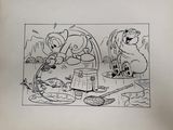 cartoon drawing of a group of cartoon characters sitting around a table